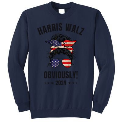 Retro Harris Walz Obviously 2024 Messy Bun American Flag Tall Sweatshirt