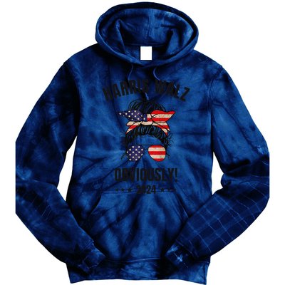 Retro Harris Walz Obviously 2024 Messy Bun American Flag Tie Dye Hoodie