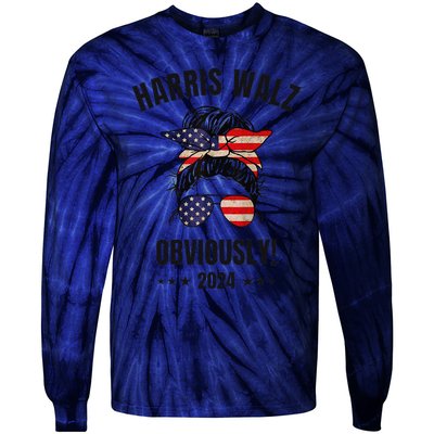 Retro Harris Walz Obviously 2024 Messy Bun American Flag Tie-Dye Long Sleeve Shirt