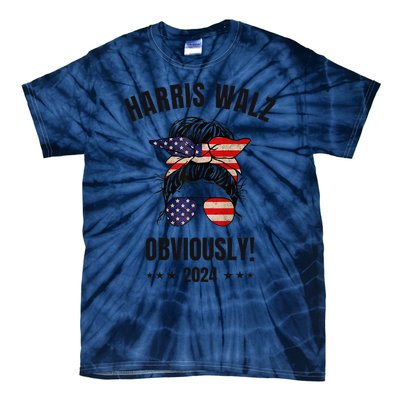 Retro Harris Walz Obviously 2024 Messy Bun American Flag Tie-Dye T-Shirt