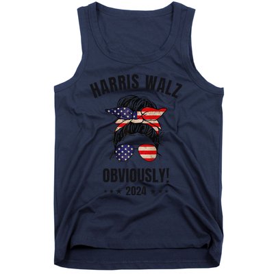 Retro Harris Walz Obviously 2024 Messy Bun American Flag Tank Top