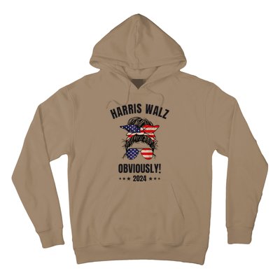 Retro Harris Walz Obviously 2024 Messy Bun American Flag Hoodie