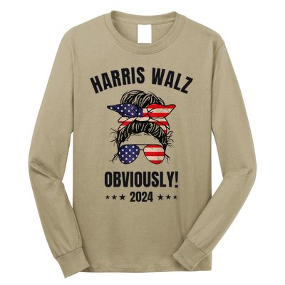 Retro Harris Walz Obviously 2024 Messy Bun American Flag Long Sleeve Shirt