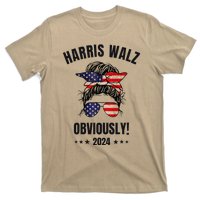 Retro Harris Walz Obviously 2024 Messy Bun American Flag T-Shirt