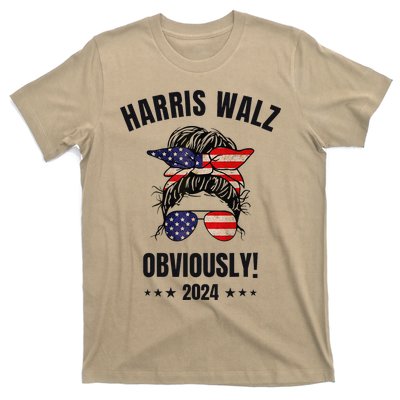 Retro Harris Walz Obviously 2024 Messy Bun American Flag T-Shirt