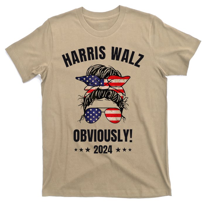 Retro Harris Walz Obviously 2024 Messy Bun American Flag T-Shirt