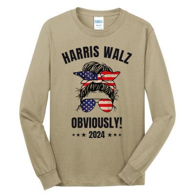 Retro Harris Walz Obviously 2024 Messy Bun American Flag Tall Long Sleeve T-Shirt