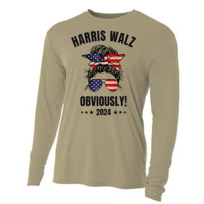 Retro Harris Walz Obviously 2024 Messy Bun American Flag Cooling Performance Long Sleeve Crew