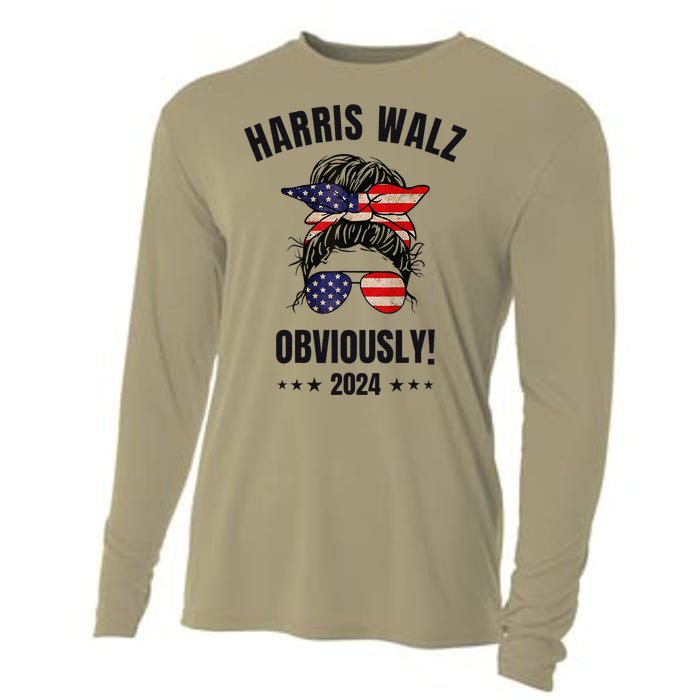 Retro Harris Walz Obviously 2024 Messy Bun American Flag Cooling Performance Long Sleeve Crew