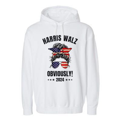 Retro Harris Walz Obviously 2024 Messy Bun American Flag Garment-Dyed Fleece Hoodie