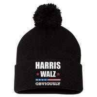 Retro Harris Walz Obviously 2024 Vintage American Flag Pom Pom 12in Knit Beanie