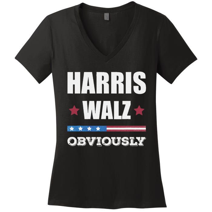 Retro Harris Walz Obviously 2024 Vintage American Flag Women's V-Neck T-Shirt