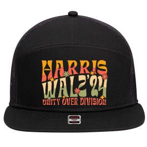 Retro Harris Waltz Walz 2024 Unity Over Division Boho Groovy 7 Panel Mesh Trucker Snapback Hat