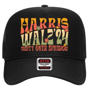 Retro Harris Waltz Walz 2024 Unity Over Division Boho Groovy High Crown Mesh Back Trucker Hat