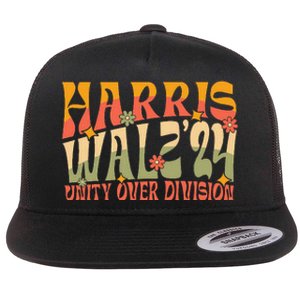 Retro Harris Waltz Walz 2024 Unity Over Division Boho Groovy Flat Bill Trucker Hat