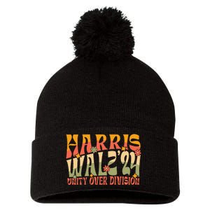 Retro Harris Waltz Walz 2024 Unity Over Division Boho Groovy Pom Pom 12in Knit Beanie