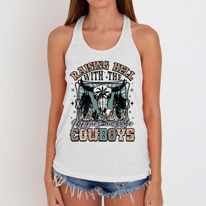 Raising Hell With The Hippies And Cow Western Cowgirl Women's Knotted Racerback Tank