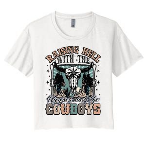 Raising Hell With The Hippies And Cow Western Cowgirl Women's Crop Top Tee