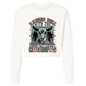 Raising Hell With The Hippies And Cow Western Cowgirl Cropped Pullover Crew