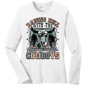 Raising Hell With The Hippies And Cow Western Cowgirl Ladies Long Sleeve Shirt