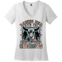 Raising Hell With The Hippies And Cow Western Cowgirl Women's V-Neck T-Shirt