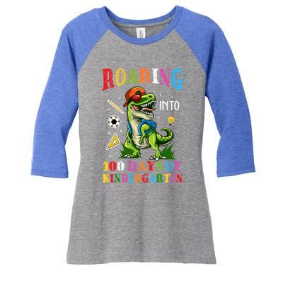 Roaring Into 100 Days Of Kindergarten Back To School Cute Gift Women's Tri-Blend 3/4-Sleeve Raglan Shirt