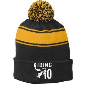 Riding Into 10 Years Old 10th Birthday Boy Dirt Bike Party Stripe Pom Pom Beanie