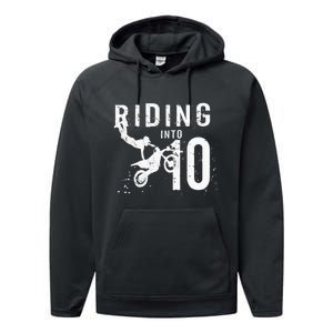 Riding Into 10 Years Old 10th Birthday Boy Dirt Bike Party Performance Fleece Hoodie