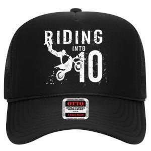 Riding Into 10 Years Old 10th Birthday Boy Dirt Bike Party High Crown Mesh Back Trucker Hat