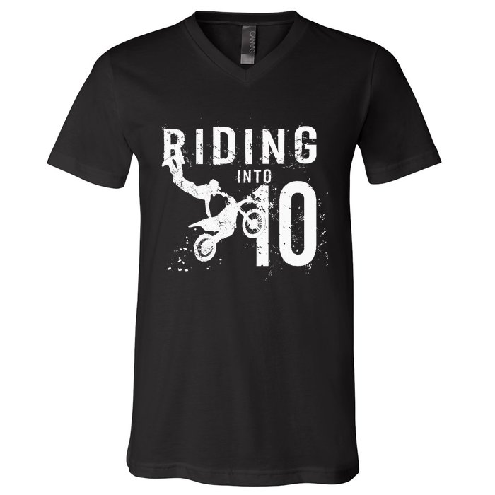 Riding Into 10 Years Old 10th Birthday Boy Dirt Bike Party V-Neck T-Shirt