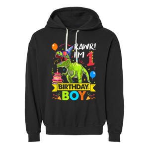 Rawr I'm 1st Birthday Boy Dinosaur Trex 1 Years Old Party Garment-Dyed Fleece Hoodie