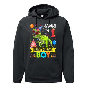 Rawr I'm 1st Birthday Boy Dinosaur Trex 1 Years Old Party Performance Fleece Hoodie