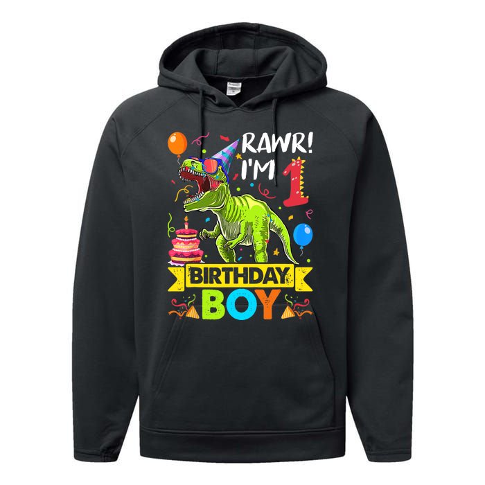 Rawr I'm 1st Birthday Boy Dinosaur Trex 1 Years Old Party Performance Fleece Hoodie