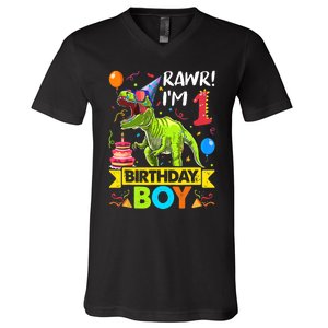 Rawr I'm 1st Birthday Boy Dinosaur Trex 1 Years Old Party V-Neck T-Shirt