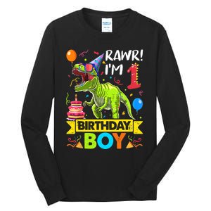 Rawr I'm 1st Birthday Boy Dinosaur Trex 1 Years Old Party Tall Long Sleeve T-Shirt