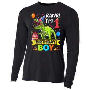 Rawr I'm 1st Birthday Boy Dinosaur Trex 1 Years Old Party Cooling Performance Long Sleeve Crew