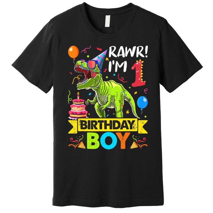 Rawr I'm 1st Birthday Boy Dinosaur Trex 1 Years Old Party Premium T-Shirt