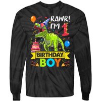 Rawr I'm 1st Birthday Boy Dinosaur Trex 1 Years Old Party Tie-Dye Long Sleeve Shirt