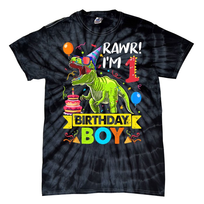 Rawr I'm 1st Birthday Boy Dinosaur Trex 1 Years Old Party Tie-Dye T-Shirt