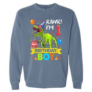 Rawr I'm 1st Birthday Boy Dinosaur Trex 1 Years Old Party Garment-Dyed Sweatshirt