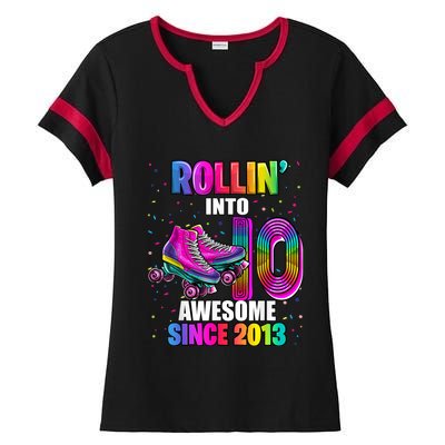 Rollin into 10 Awesome 2013 Roller Skating 10th Birthday Ladies Halftime Notch Neck Tee