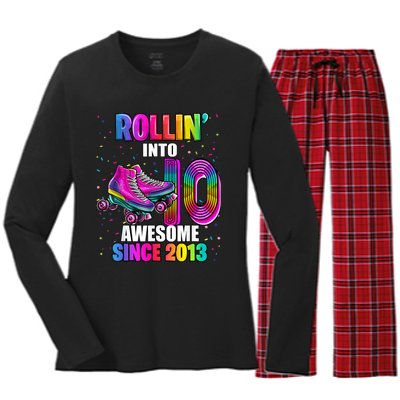 Rollin into 10 Awesome 2013 Roller Skating 10th Birthday Women's Long Sleeve Flannel Pajama Set 