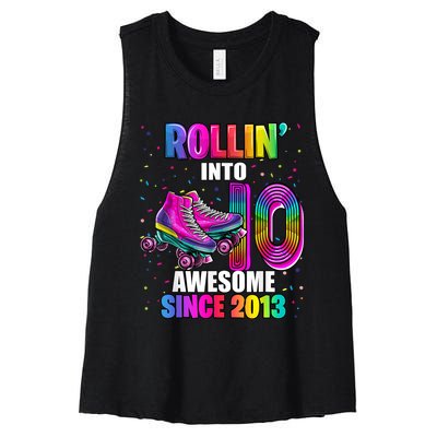 Rollin into 10 Awesome 2013 Roller Skating 10th Birthday Women's Racerback Cropped Tank