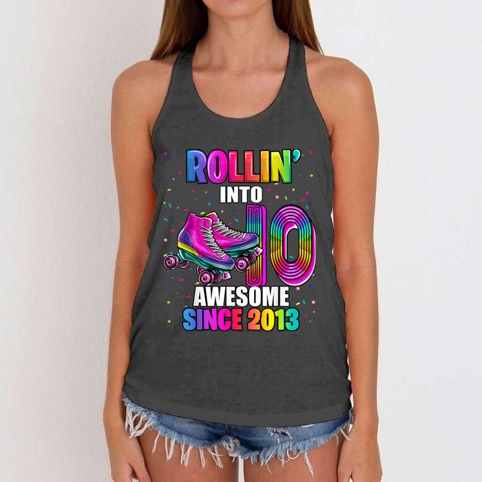 Rollin into 10 Awesome 2013 Roller Skating 10th Birthday Women's Knotted Racerback Tank