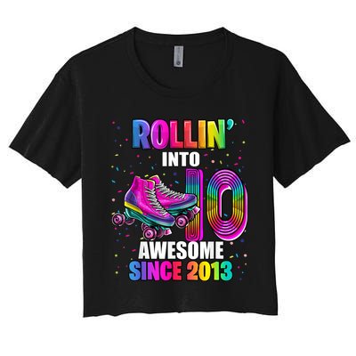 Rollin into 10 Awesome 2013 Roller Skating 10th Birthday Women's Crop Top Tee