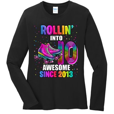 Rollin into 10 Awesome 2013 Roller Skating 10th Birthday Ladies Long Sleeve Shirt