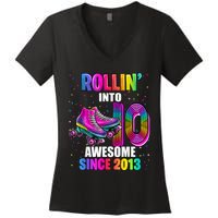 Rollin into 10 Awesome 2013 Roller Skating 10th Birthday Women's V-Neck T-Shirt