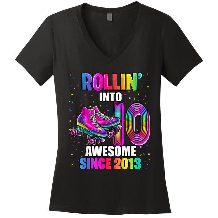 Rollin into 10 Awesome 2013 Roller Skating 10th Birthday Women's V-Neck T-Shirt