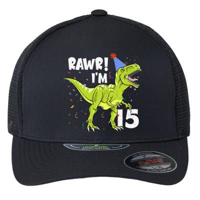 Rawr I'm 15 Birthday T Rex Dinosaur Party Gift For Flexfit Unipanel Trucker Cap