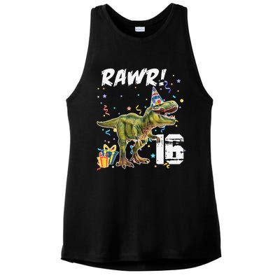 Rawr I'm 16 Birthday T Rex Dinosaur Party Gift For Ladies PosiCharge Tri-Blend Wicking Tank